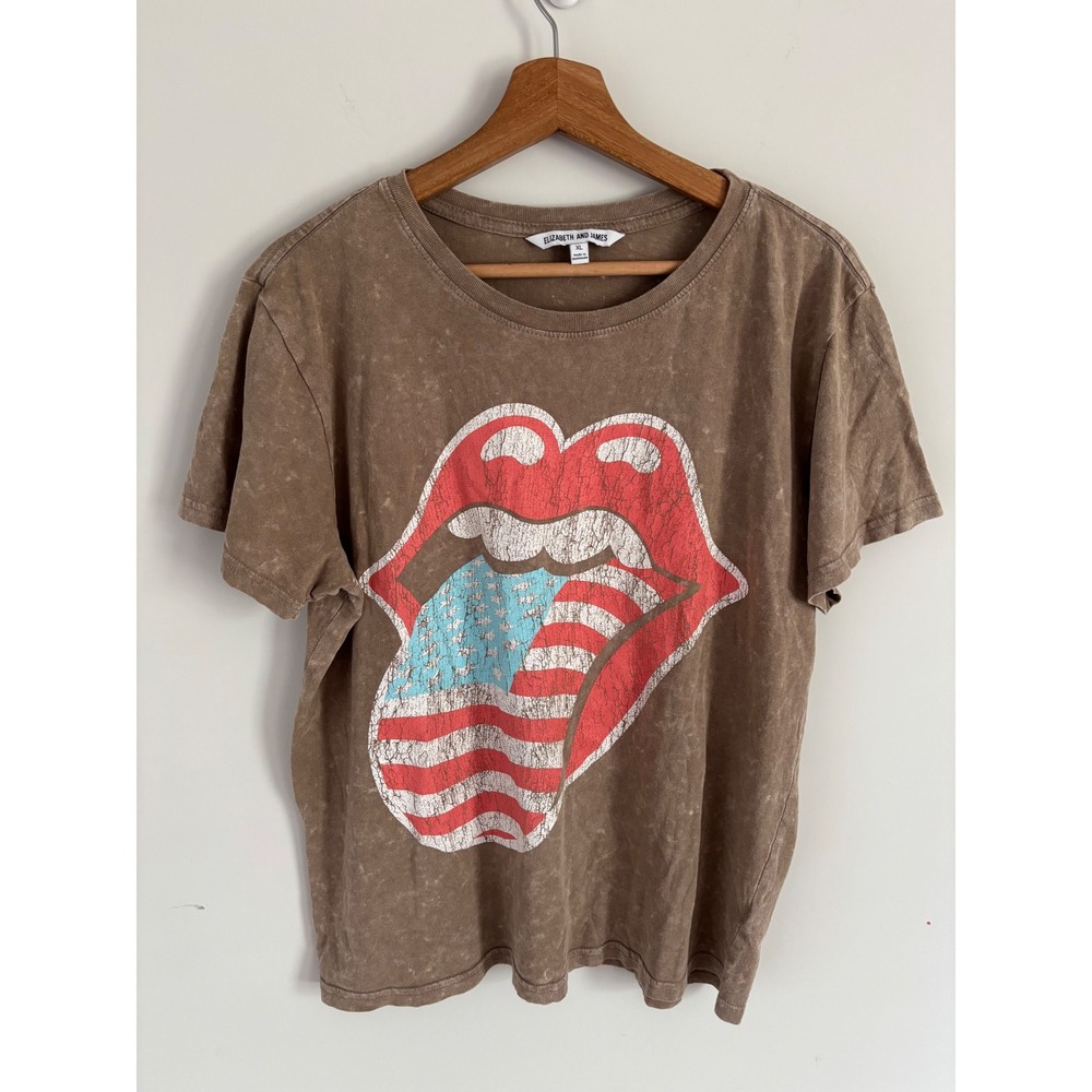 Elizabeth and James Rolling Stones Graphic Tee Brown Acid Wash USA Flag XL